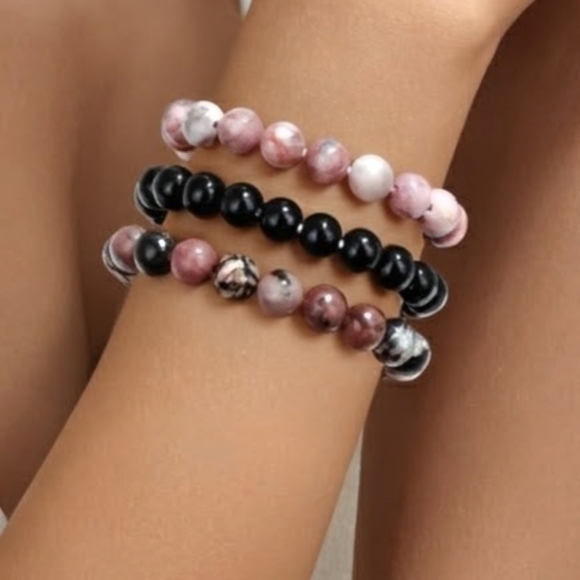 Bohovonnie Jewelry - Pink Black 3-piece Bracelet Set Natural Stone Chakra Bracelets
